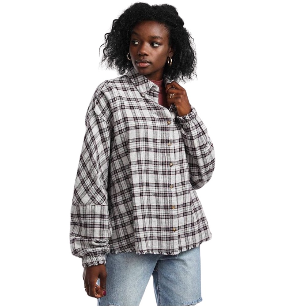 Gilded Intent Frayed Plaid Flannel Button Down Grey Medium